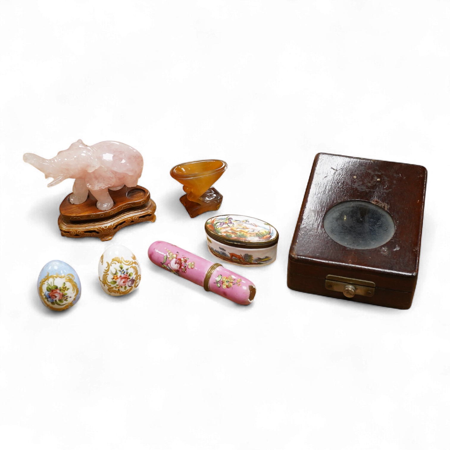 Two 19th century enamel boxes and two enamel shaped vessels, a hardstone elephant, etc.